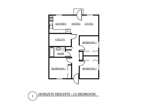 Floor plan for 3 beds, 1 bath, 1083 sqft